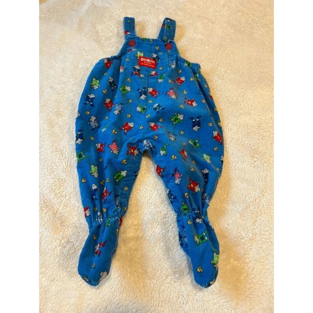 Rare Vtg OshKosh B’Gosh Vestbak Corduroy Footie Overalls Baby Boy Mice & Cheese